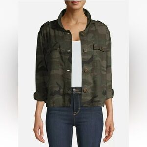 Time and Tru Women's Camo Pointed Collar Button Up Linen Blend Jacket Size Large